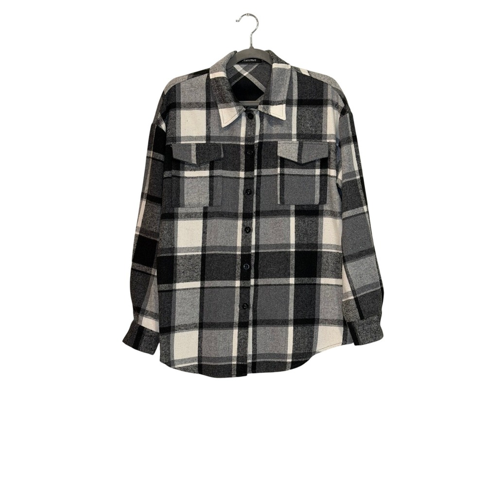 Automet Womens Plaid Shacket Flannel Shirt Black White Grey Size S